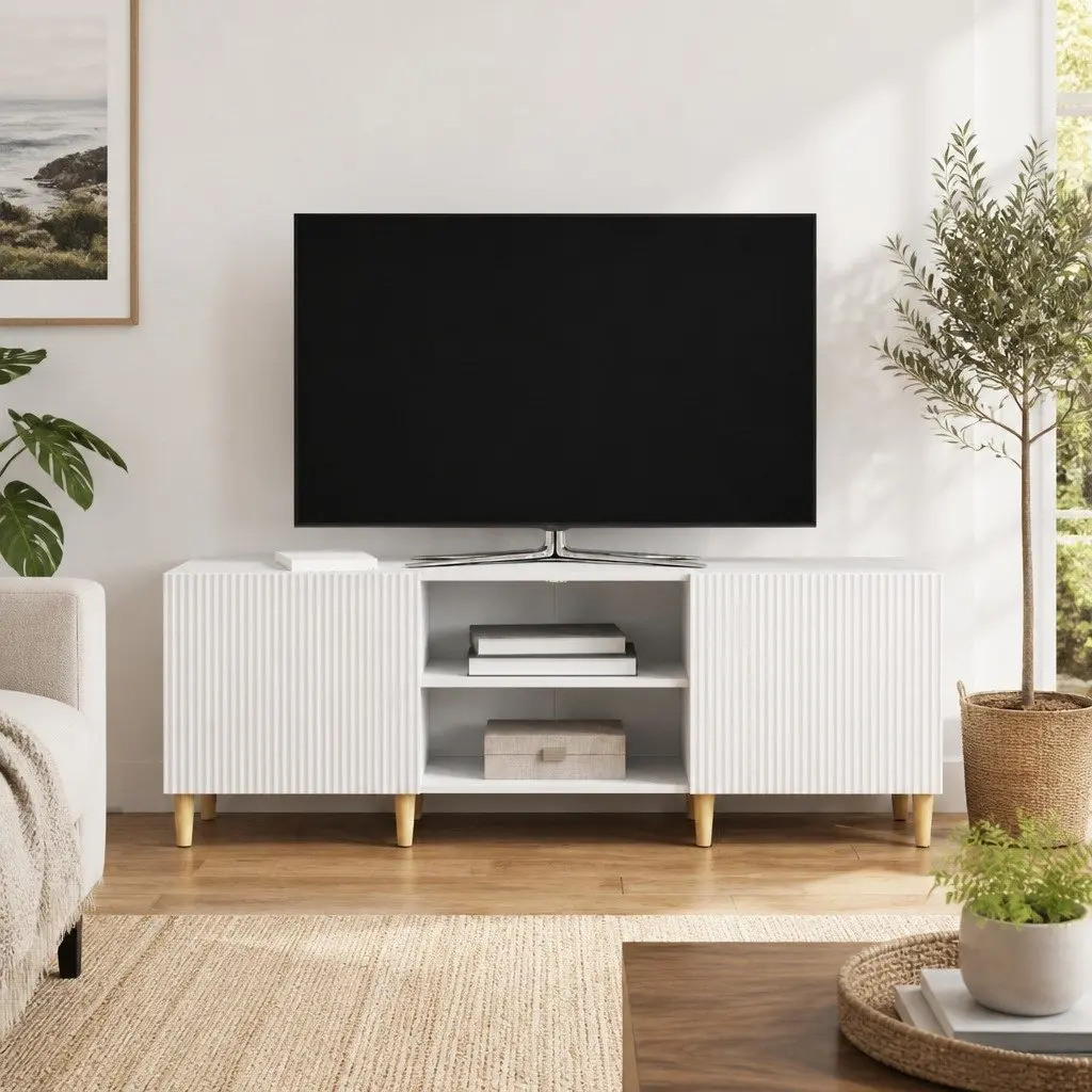 TV Cabinet White Modern 150cm Storage Unit with Board Shelves and Swing Doors
