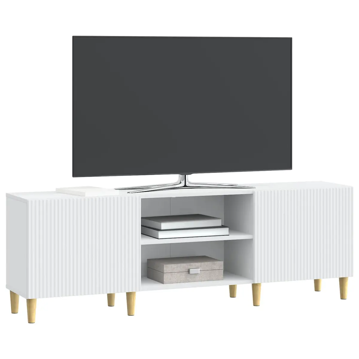 TV Cabinet White Modern 150cm Storage Unit with Board Shelves and Swing Doors