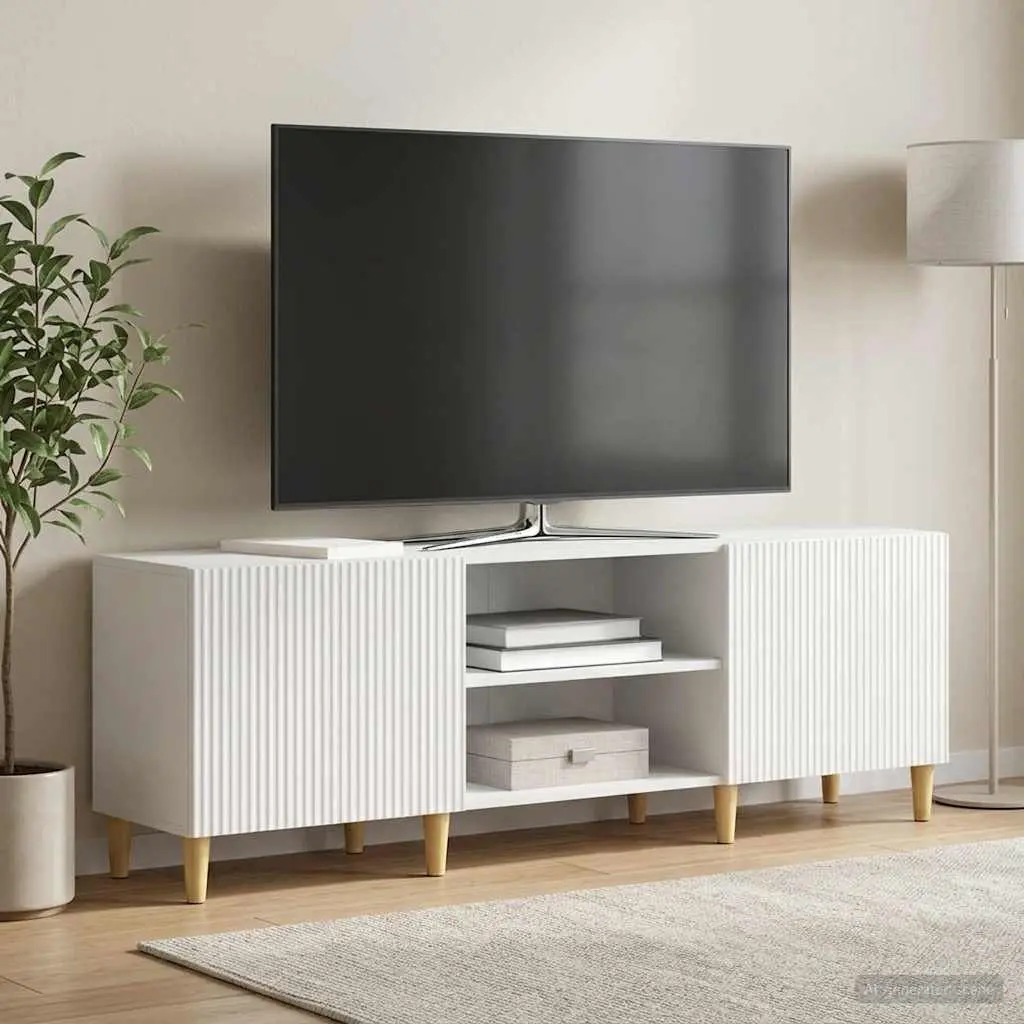 TV Cabinet White Modern 150cm Storage Unit with Board Shelves and Swing Doors