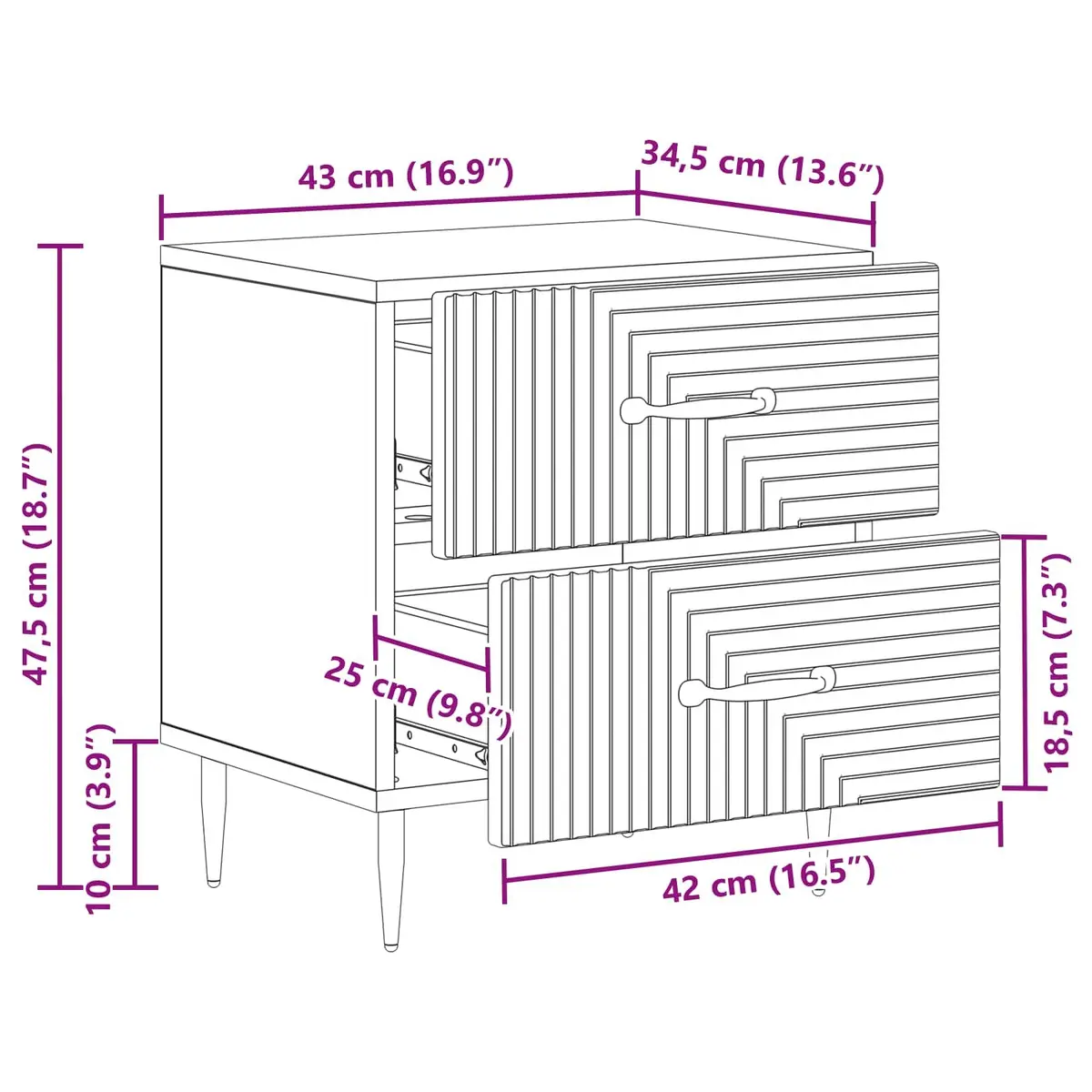 Bedside Cabinet White Bedroom Storage Nightstand Drawers Metal Legs Modern