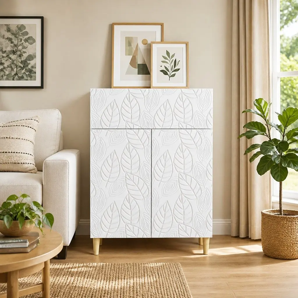 White Sideboard Storage Cabinet 66cm Wide Engineered Wood Swing Doors Shelves