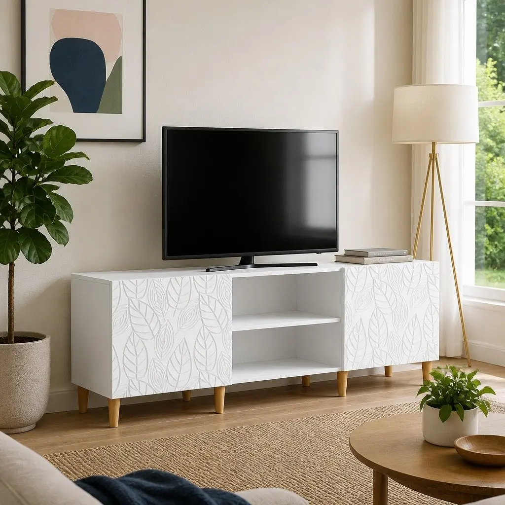 TV Cabinet White Engineered Wood Living Room Storage Unit 150cm Modern Design