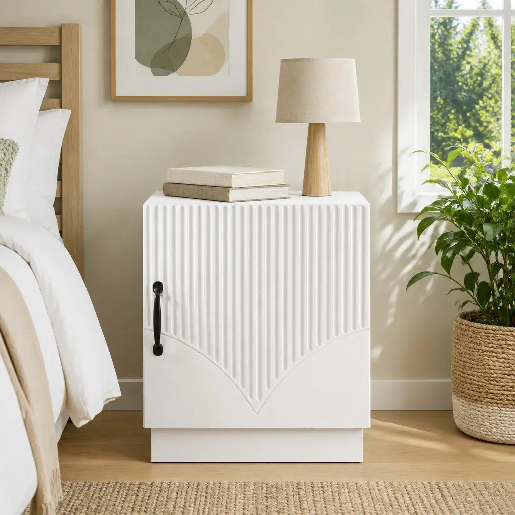 Bedside Table White Engineered Wood 43 x 34.5 x 47 cm Storage Cabinet with Swing Hinge Door and Metal D-Pull Handles