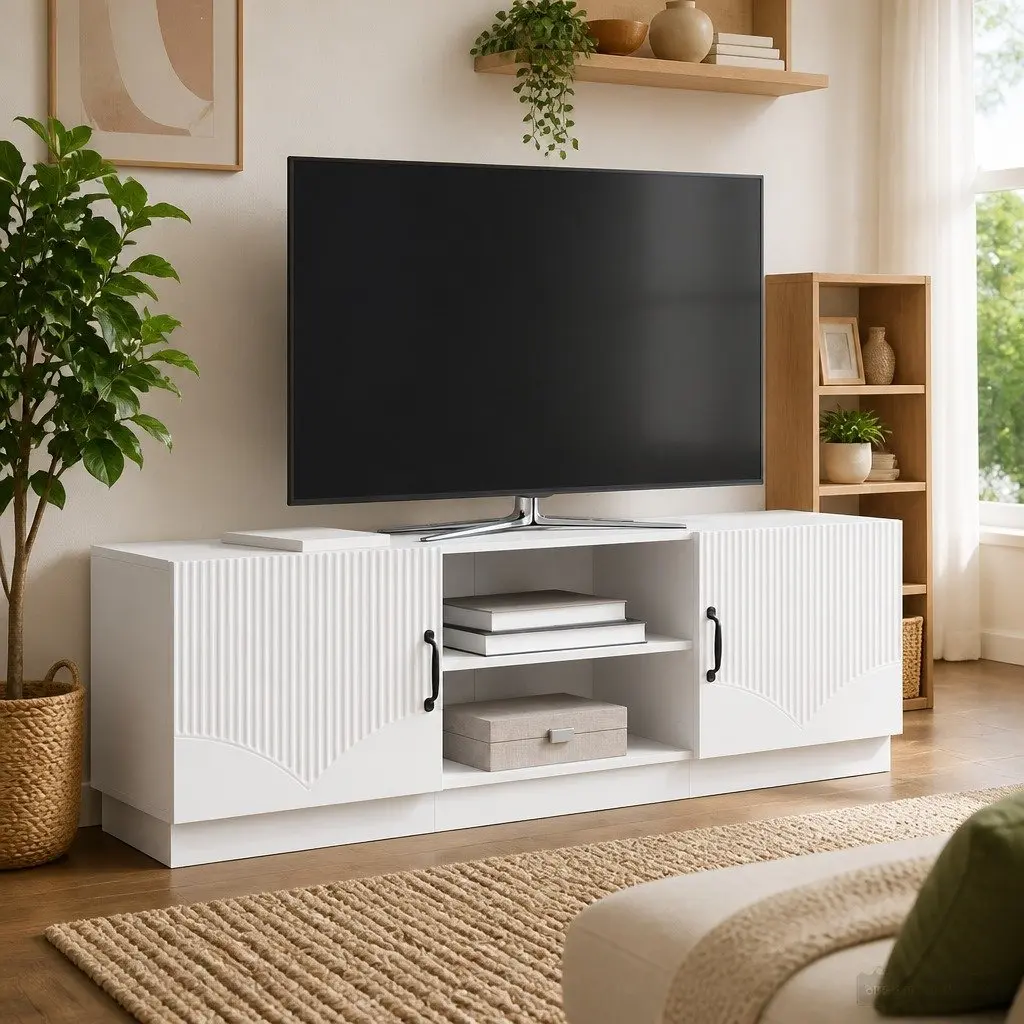 TV Cabinet Modern White 150cm Adjustable Shelves LED Lights