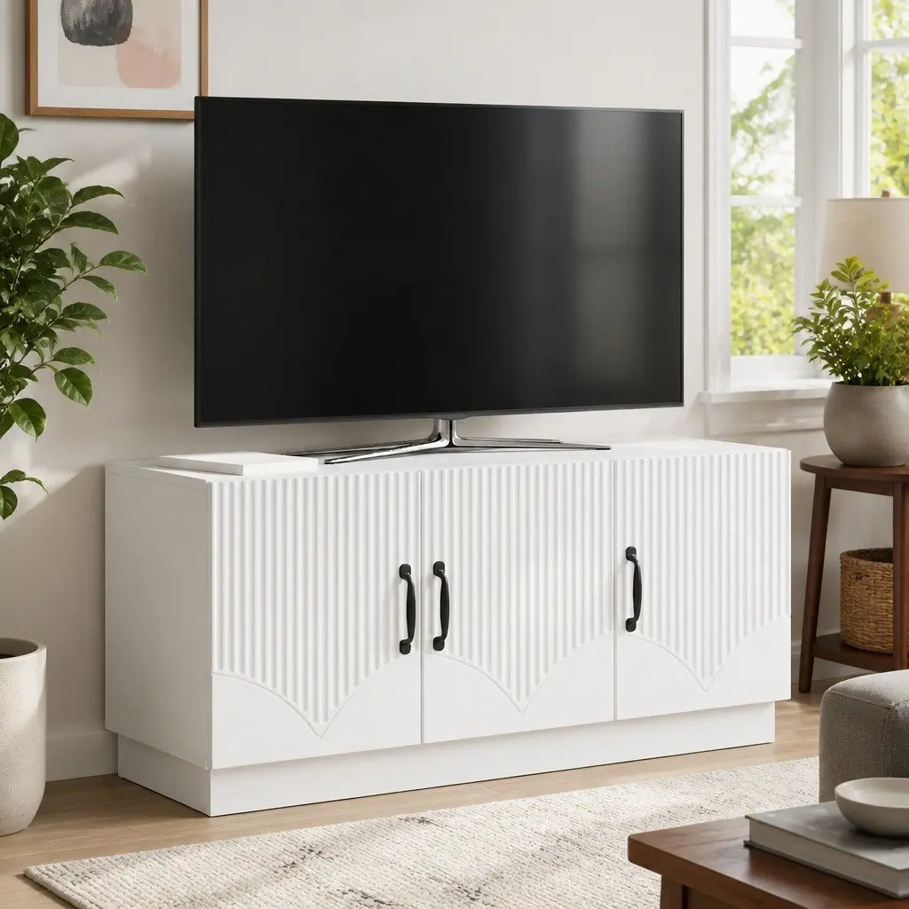 TV Cabinet White Media Stand Storage Shelves 99cm Width