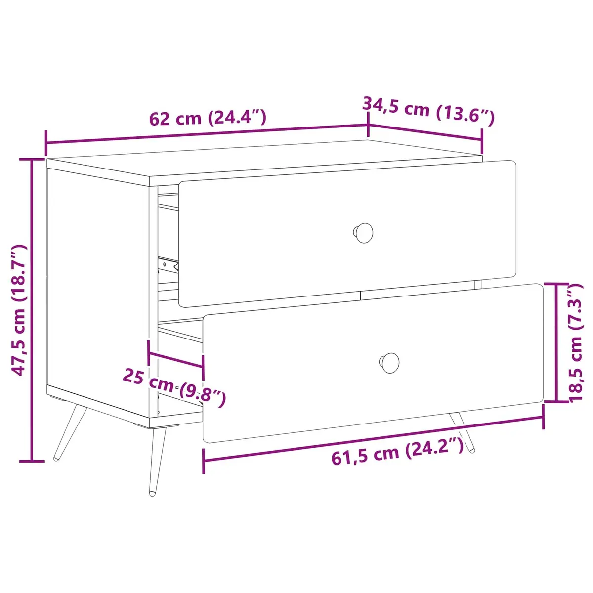 Bedside Cabinet White 62 x 34.5 x 47.5 cm Bedroom Storage Table Drawer Shelf