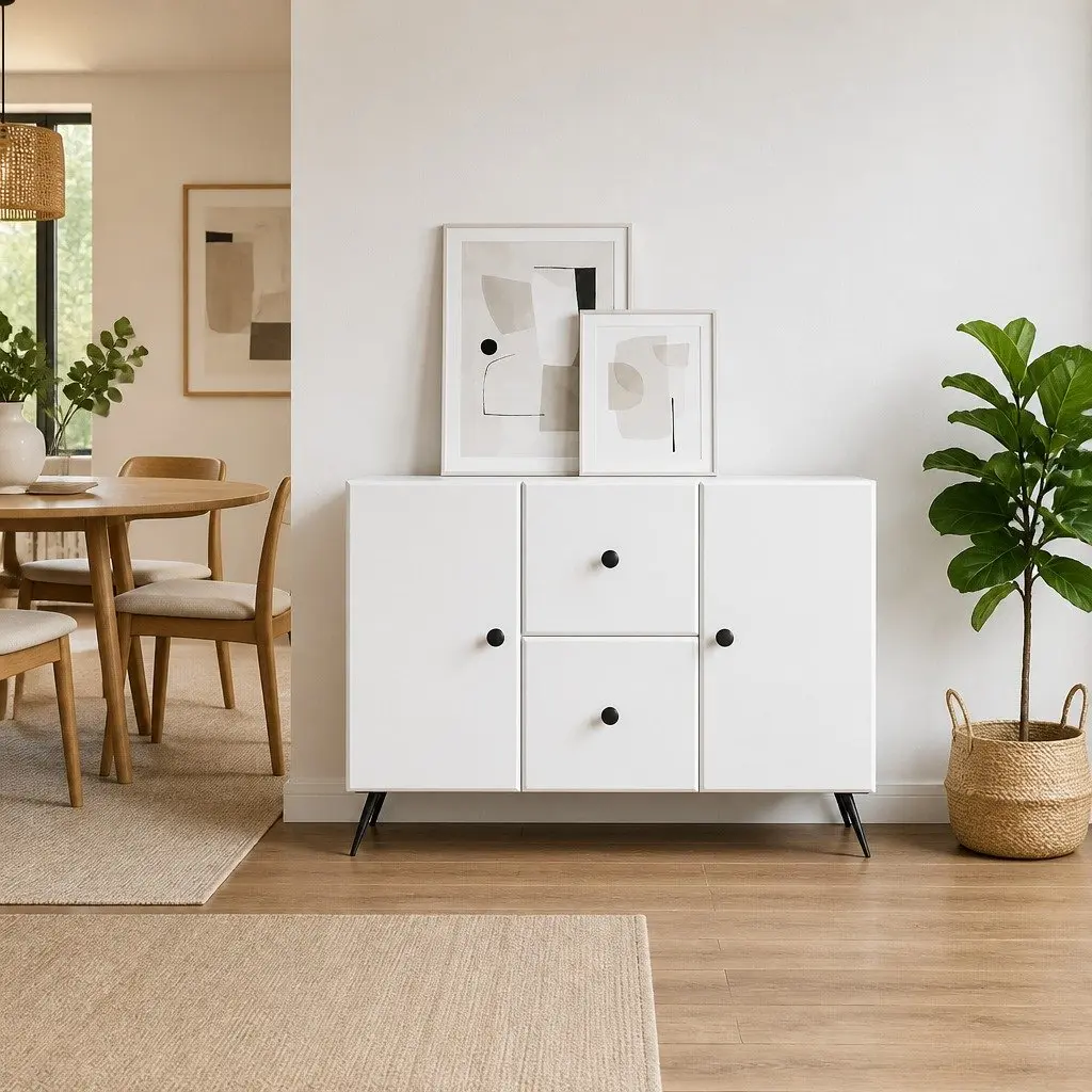 White Sideboard Buffet Storage Cabinet with LED Lighting 89 x 34.5 x 60 cm