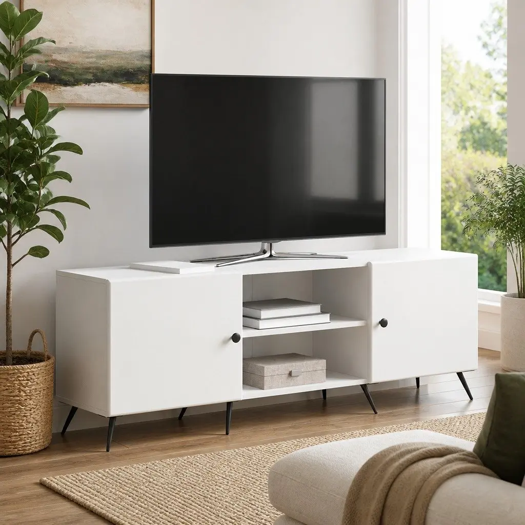 TV Cabinet Vintage White Lowboard Media Unit Engineered Wood Metal Legs 150 x 31 x 50 cm