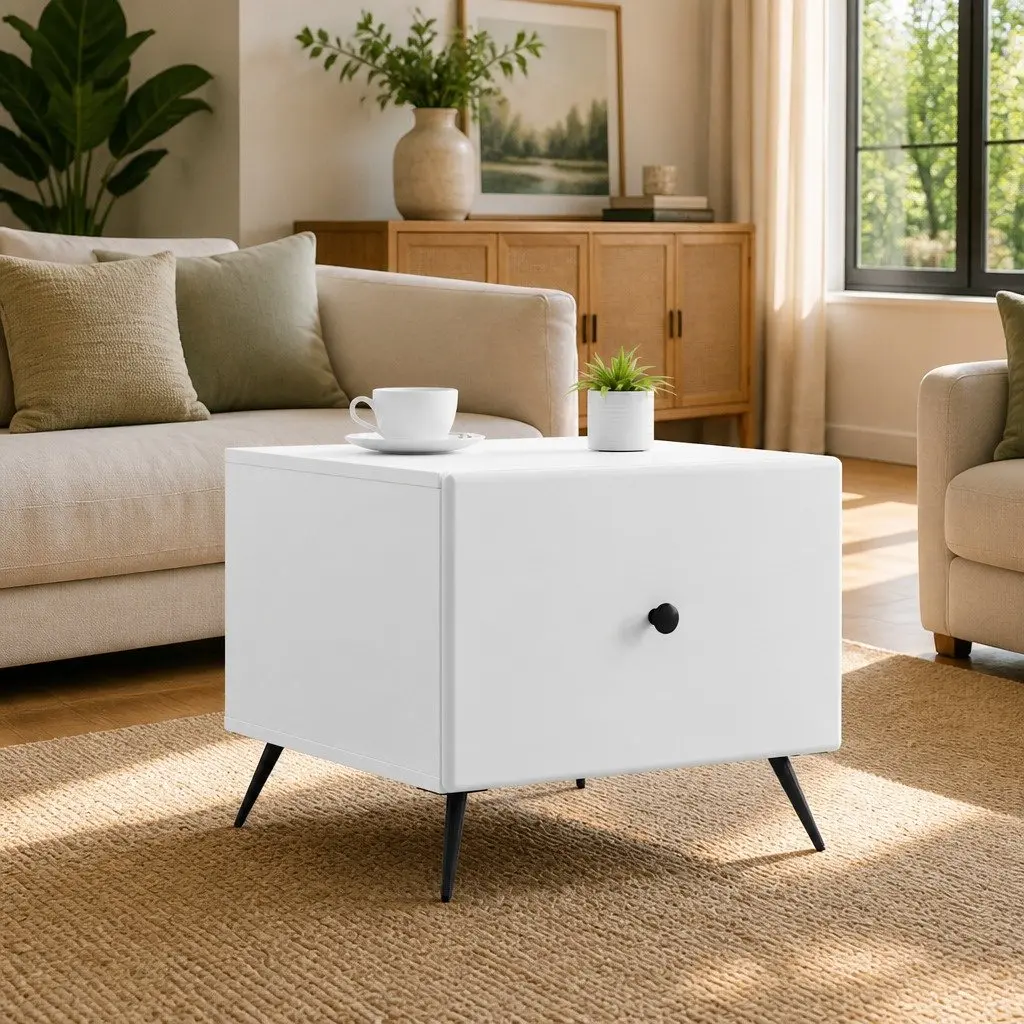 Coffee Table with Drawer White Rectangular Living Room Storage Furniture