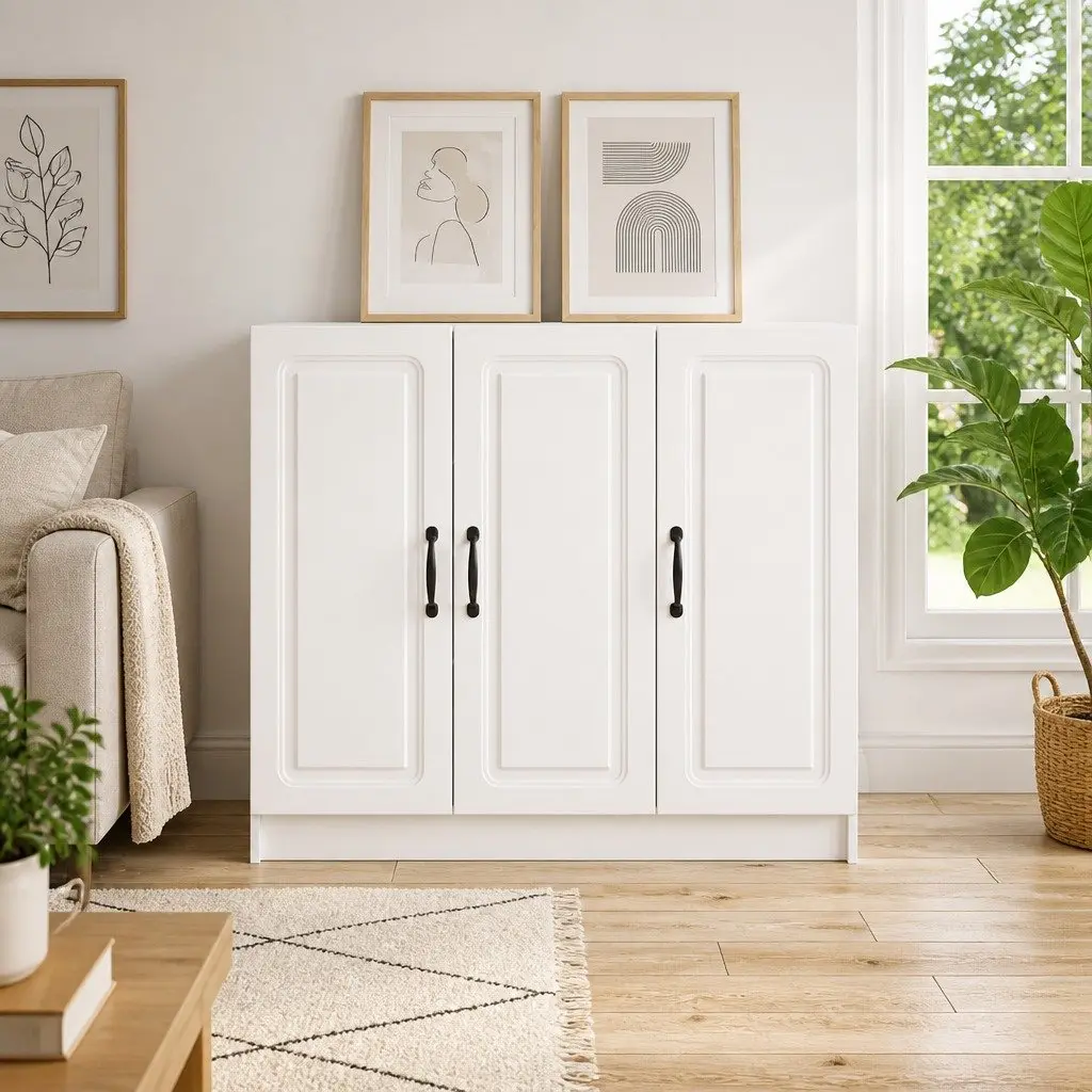 White Sideboard Storage Cabinet Modern Engineered Wood 89 x 34.5 x 77 cm