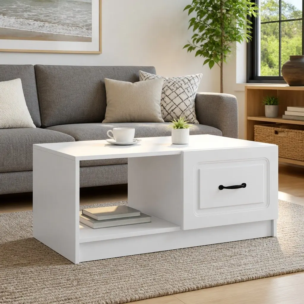 Coffee Table White Engineered Wood 90 x 50 x 37 cm Storage Accent Table with Swing Doors