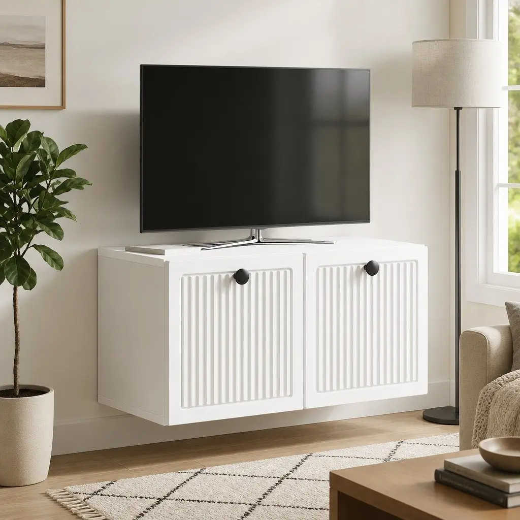 Wall-Mounted TV Cabinet White Modern Storage Unit 59.5 x 31 x 30 cm