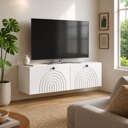 Wall-Mounted TV Cabinet White Engineered Wood Media Storage Living Room Unit