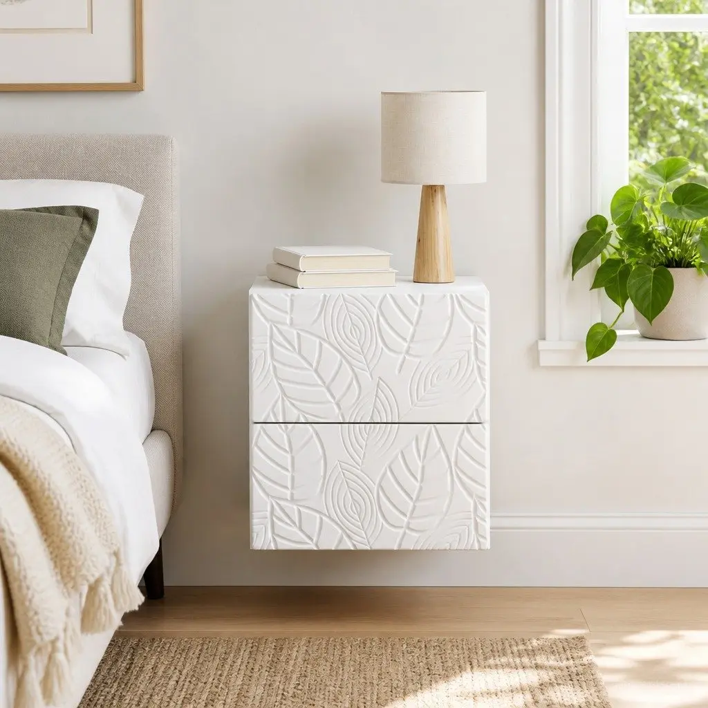 Wall-Mounted Bedside Cabinet White Modern Bedroom Storage Drawers 34.5x33x40cm