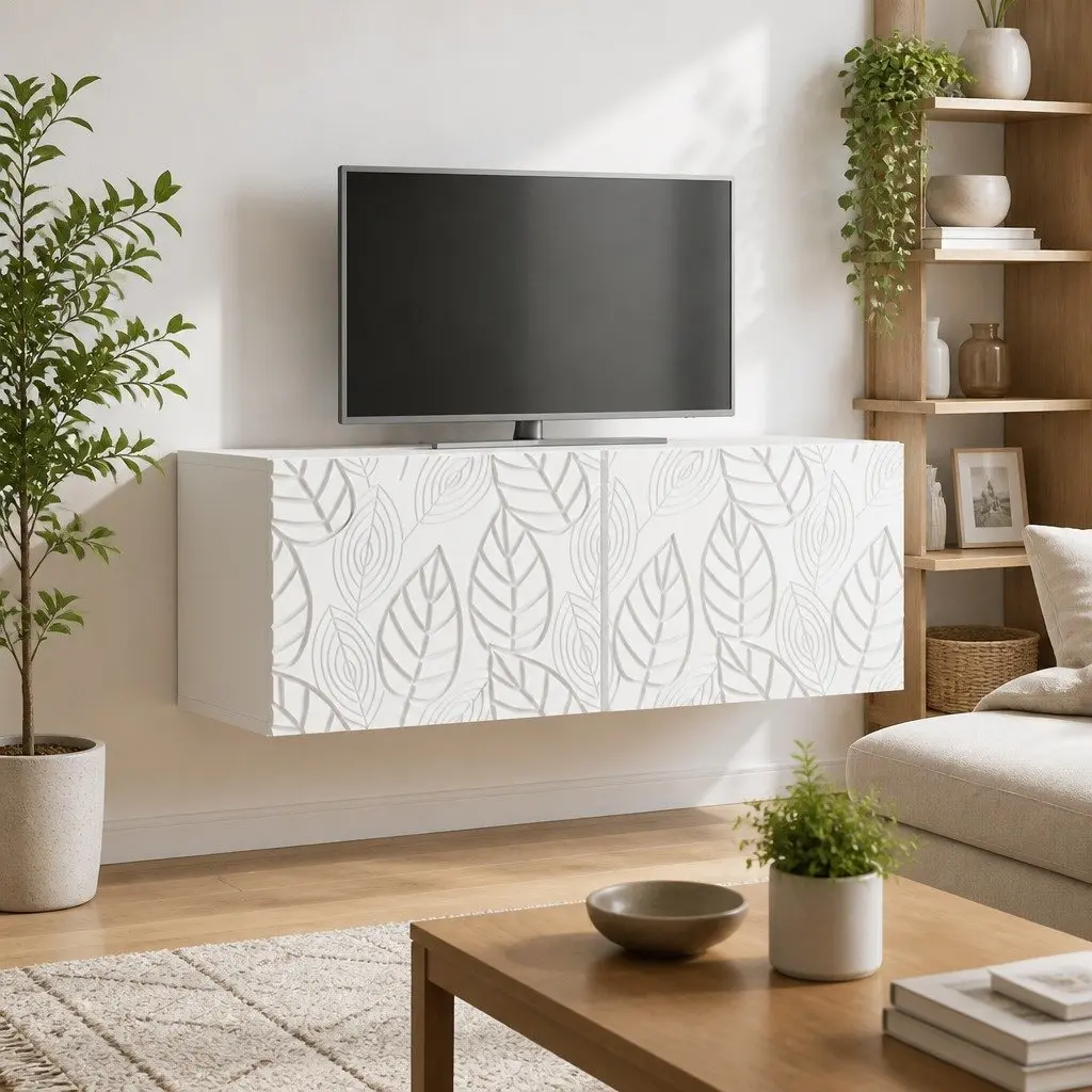 Wall-Mounted TV Cabinet White 98x41x30cm Storage Unit with Hinged Doors