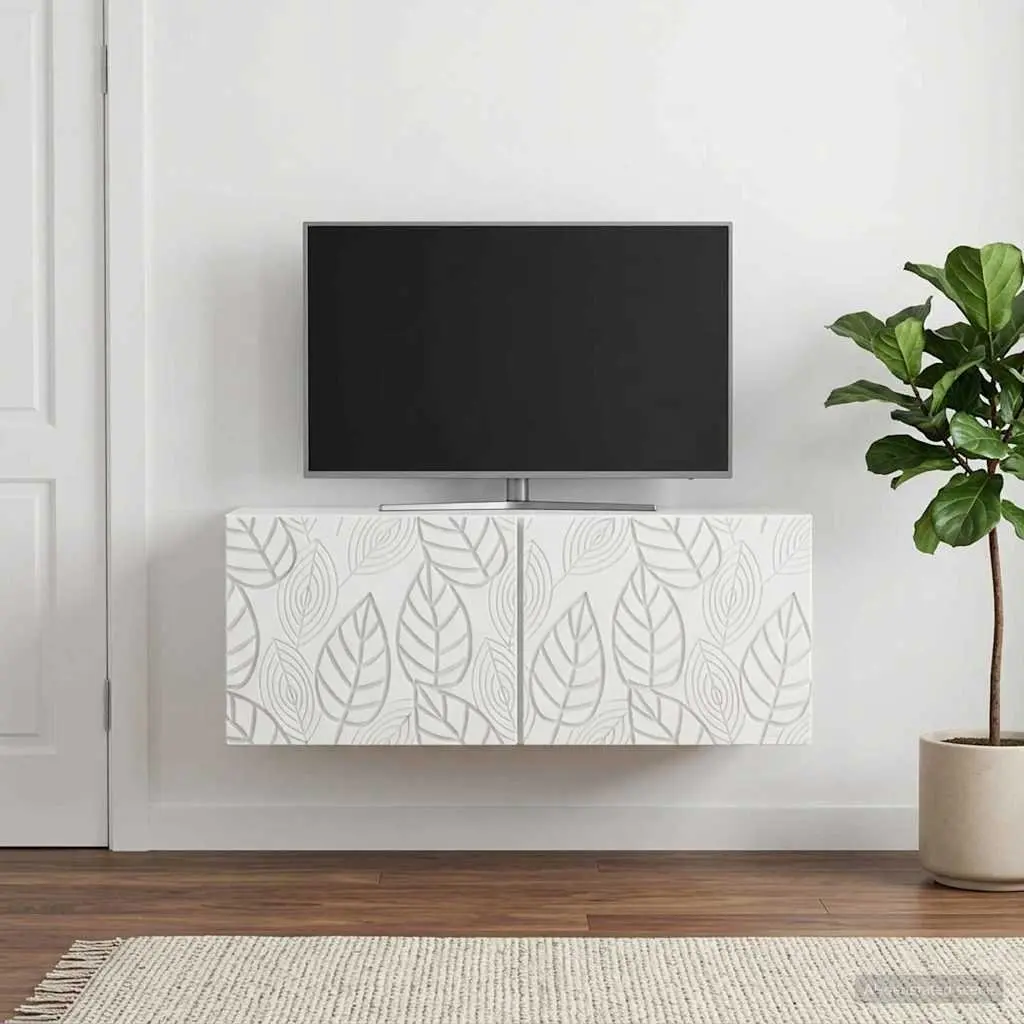 Wall-Mounted TV Cabinet White 98x41x30cm Storage Unit with Hinged Doors