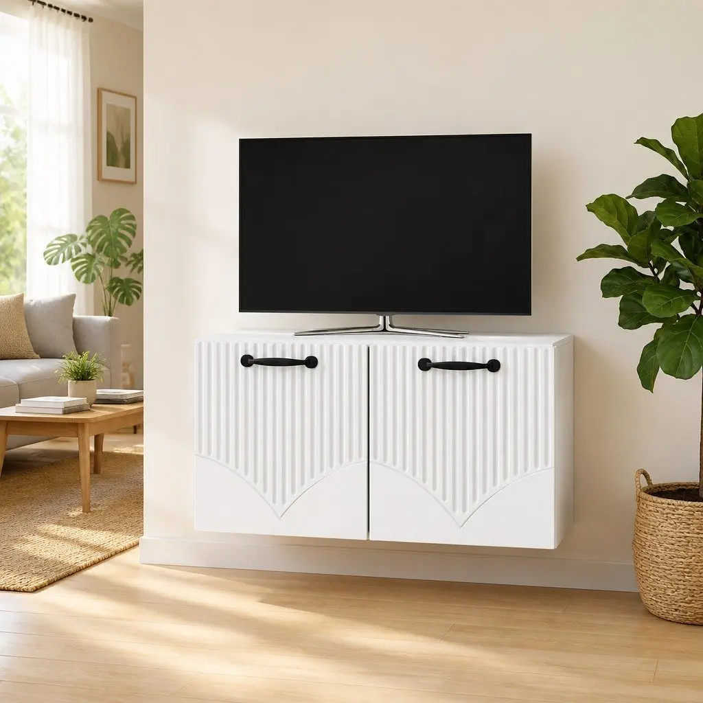Wall-Mounted TV Cabinet White Modern Living Room Storage Entertainment Unit