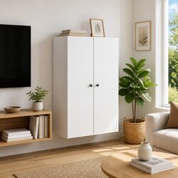 Wall-Mounted Storage Cabinet White Engineered Wood Swing Door Shelves