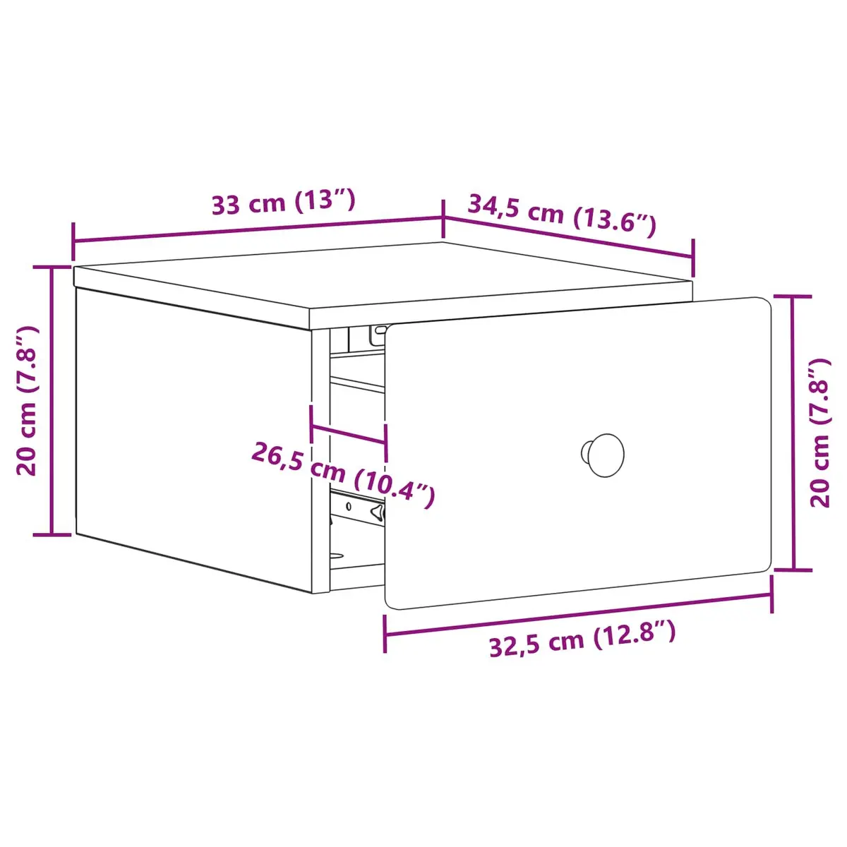 Wall-Mounted Bedside Cabinet White Compact Storage Drawer 34.5 x 33 x 20 cm