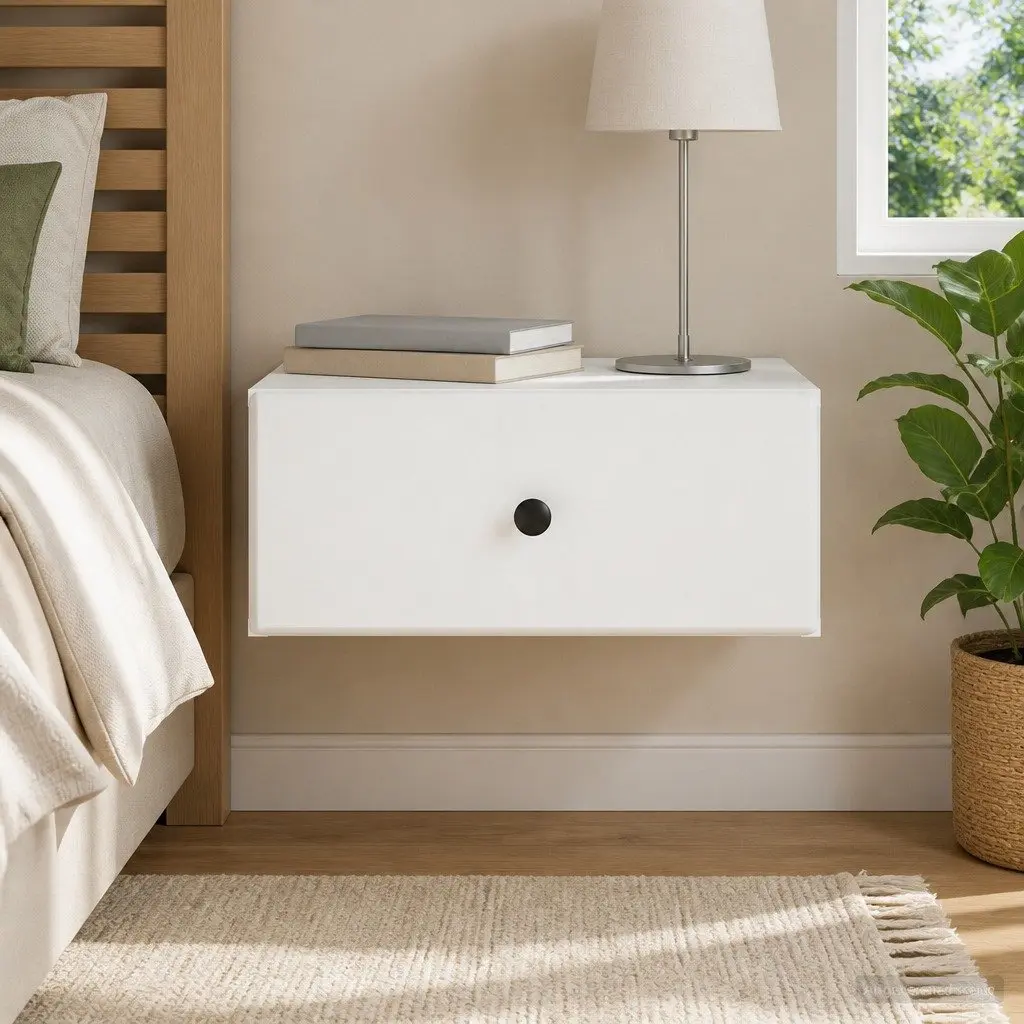 Wall-Mounted Bedside Cabinet Modern Compact White Storage Drawer and Shelf 49x34.5x20cm