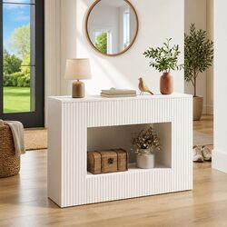 Console Table White Striped Hallway Living Room Office Storage Shelves Drawers