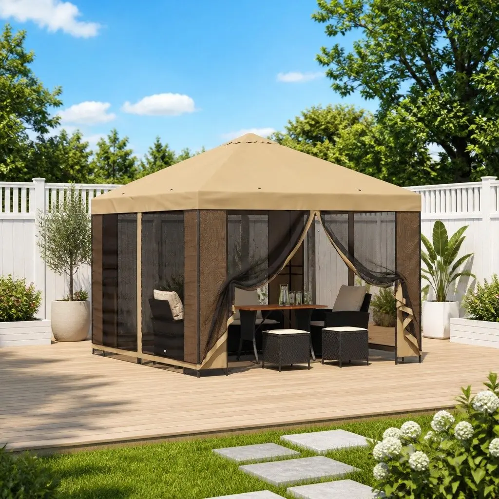 Garden Gazebo Cream Polyester 3x3m Steel Frame Outdoor Canopy