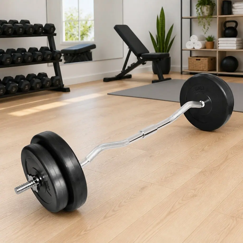 Curl Bar with Weight Plates 30kg Total for Home Gym Strength Training Equipment