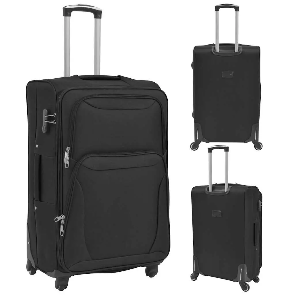 3 Piece Travel Trolley Set Black Soft Case Luggage with Telescopic Handle