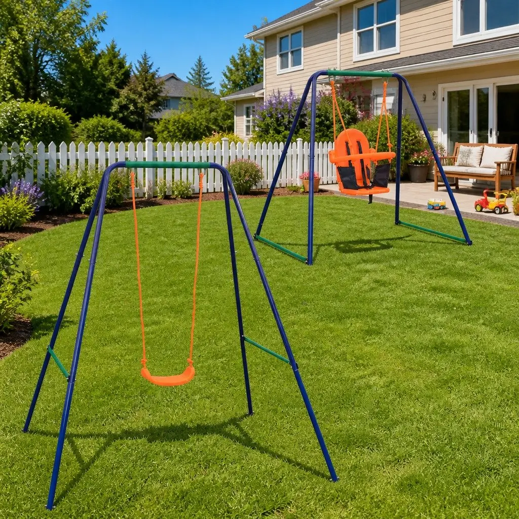 Swing Set 2-in-1 A-Frame Orange Single and Toddler Outdoor Play Equipment