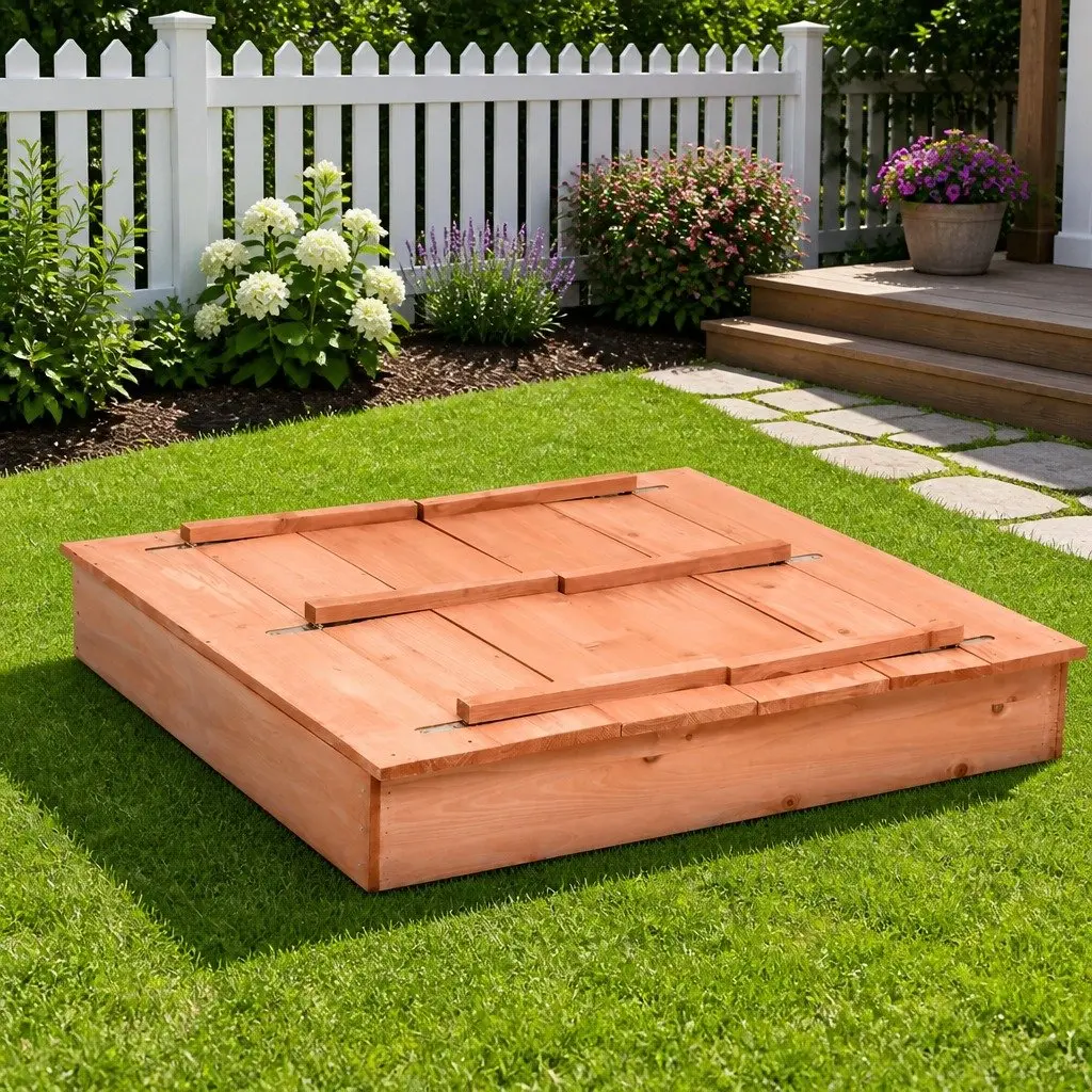 Wooden Sandbox 95x90x15cm Brown Outdoor Sandpit with Folding Lid Bench Seats