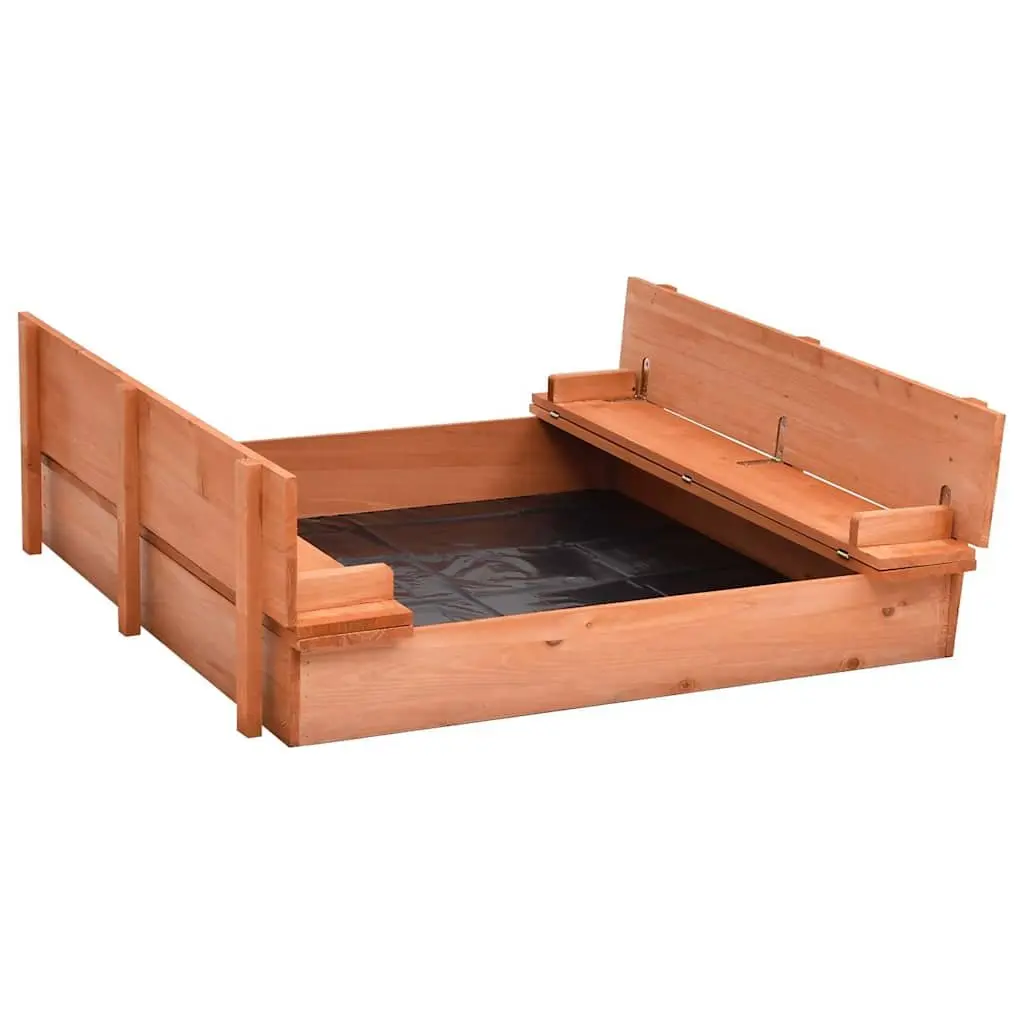 Wooden Sandbox Folding Lid 95x90x15cm Brown Outdoor Sandpit with Bench Seats