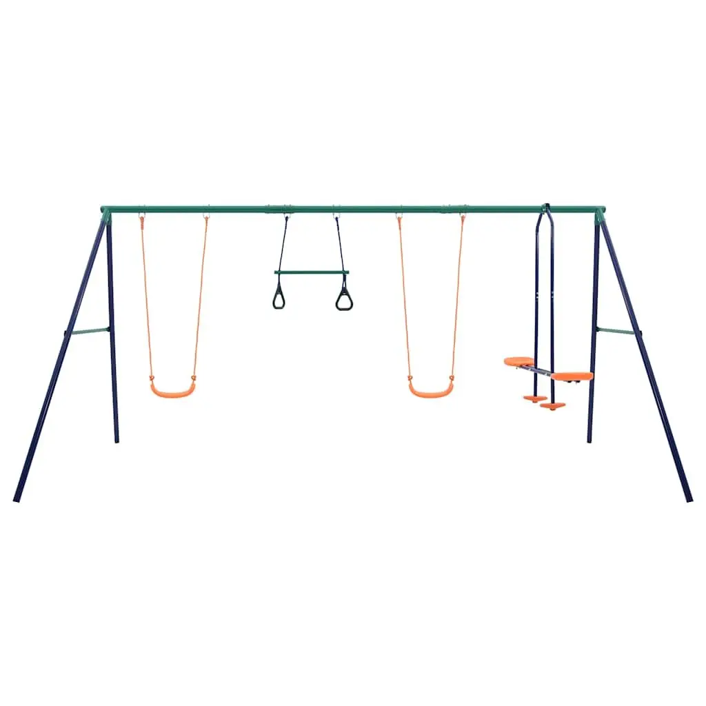 Swing Set Steel A-Frame Outdoor Play Equipment with Gymnastic Rings and See Saw for 4 Seats Orange