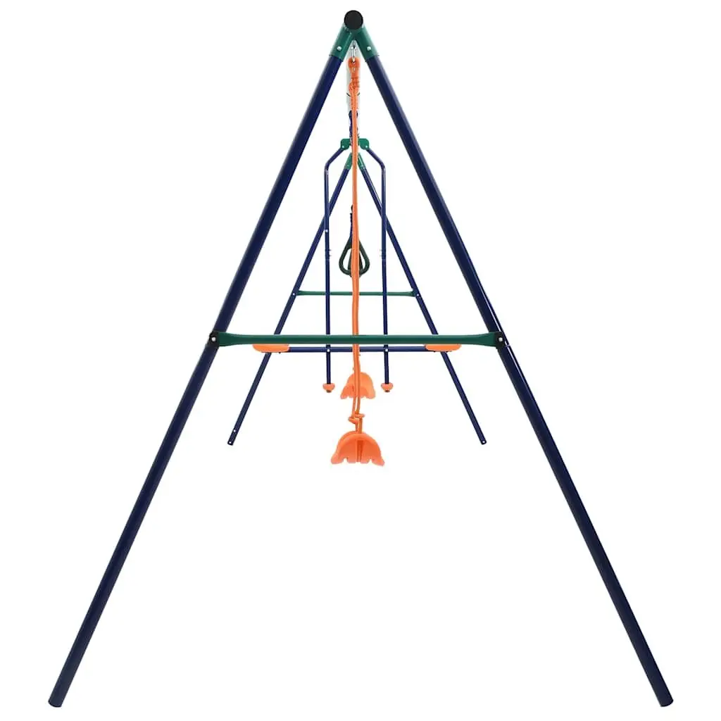 Swing Set Steel A-Frame Outdoor Play Equipment with Gymnastic Rings and See Saw for 4 Seats Orange