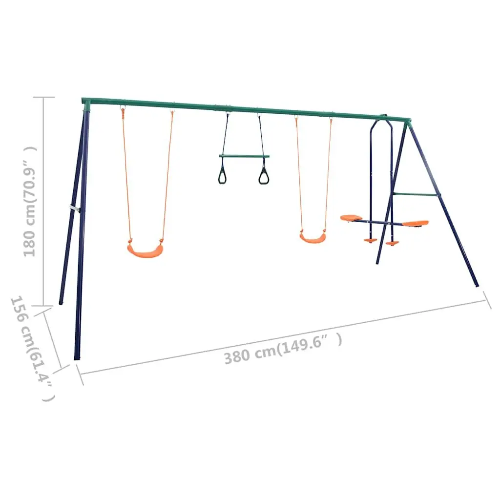 Swing Set Steel A-Frame Outdoor Play Equipment with Gymnastic Rings and See Saw for 4 Seats Orange