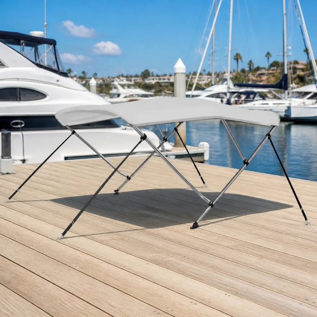 Boat Bimini Top 3 Bow Canopy White Adjustable Width Sun Shade Marine Protection