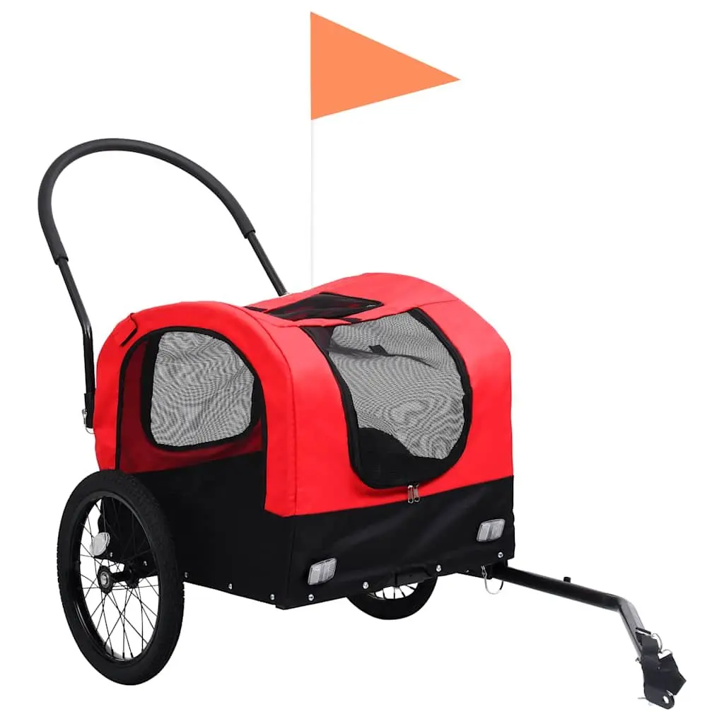 2-in-1 Pet Bike Trailer Jogging Stroller Durable Steel Frame Oxford Fabric Red Black