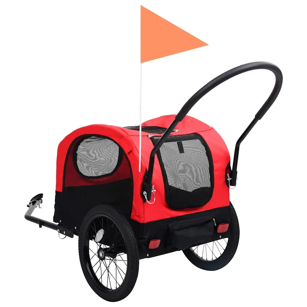2-in-1 Pet Bike Trailer Jogging Stroller Durable Steel Frame Oxford Fabric Red Black