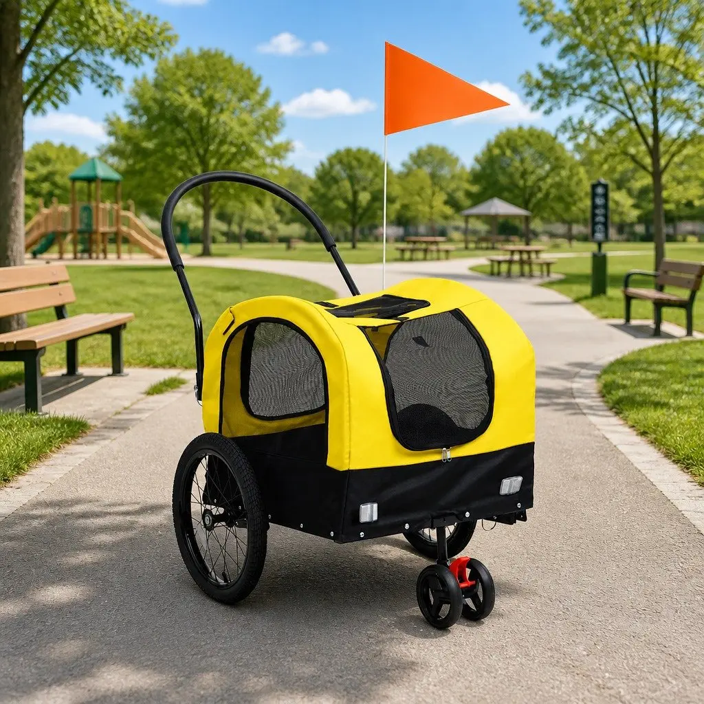 Pet Bike Trailer Jogging Stroller Convertible Yellow Black Durable Steel Frame