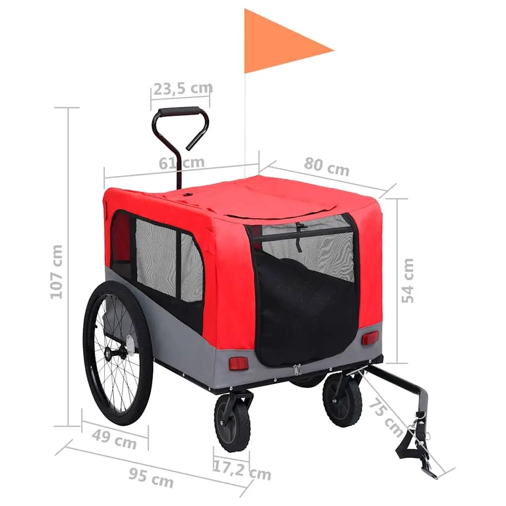 Pet Jogging Stroller Bike Trailer 2 in 1 Convertible Durable Steel Frame Oxford Fabric Red Grey