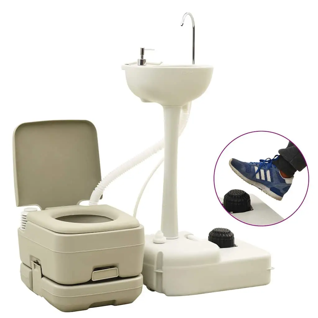 Portable Camping Toilet Set 10L Waste 10L Fresh Water Handwash Station 17L Grey