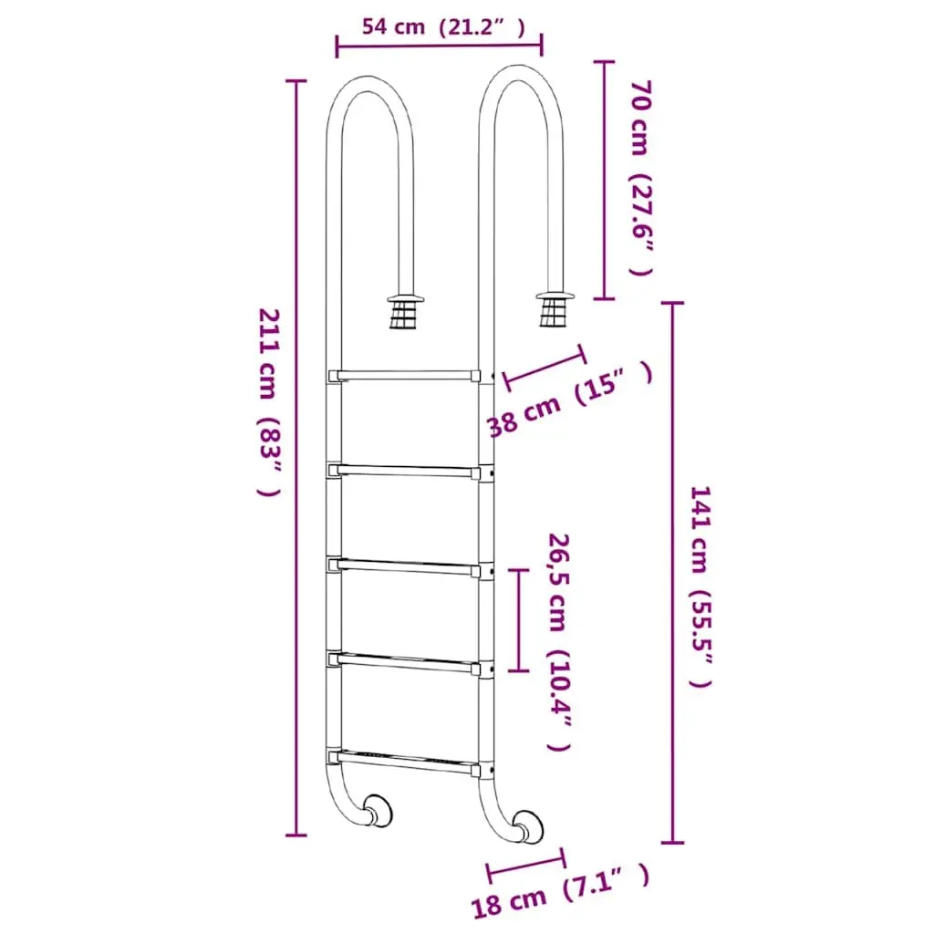 Pool Ladder Stainless Steel Non-Slip 54x38x211cm Swimming Steps