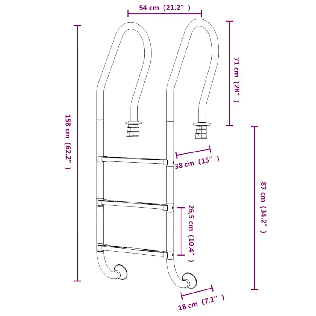 Pool Ladder Non-Slip Stainless Steel Curved Handrail 54x38x158cm