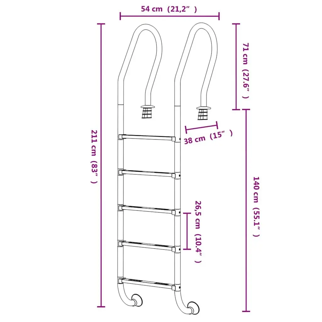 Pool Ladder 54x38x211 cm Stainless Steel Swimming Non-Slip Step Handrail
