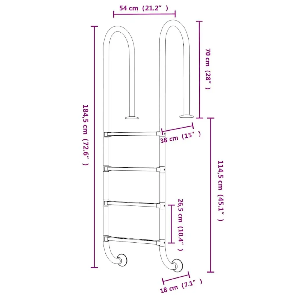 Pool Ladder Stainless Steel 54x38x184.5cm Non-Slip Steps Safe Access