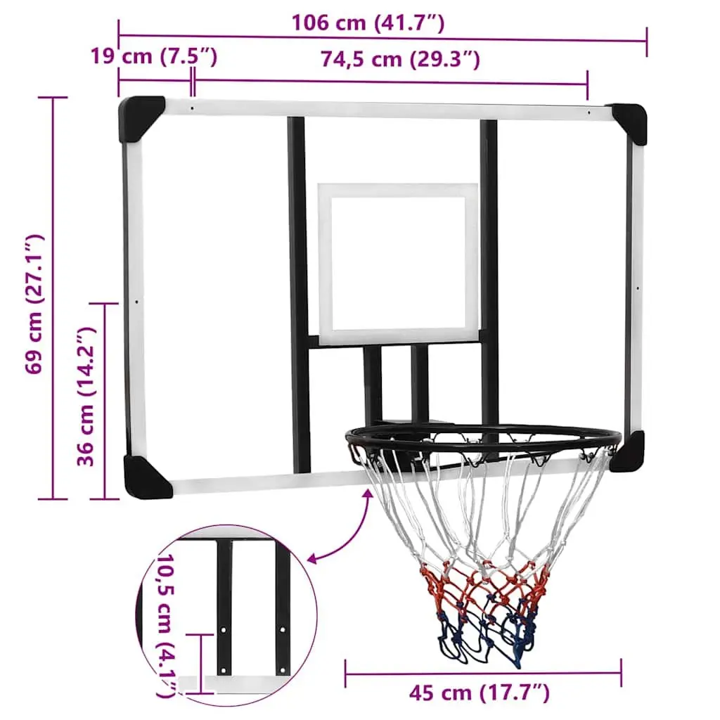Transparent Basketball Backboard 106x69cm Wall-Mounted Durable for Indoor Outdoor Play