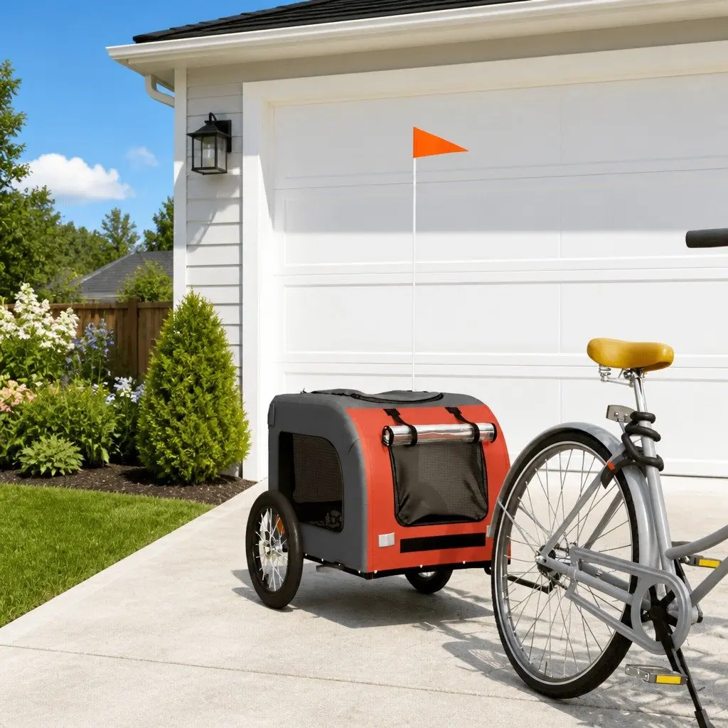 Pet Bike Trailer Orange Oxford Fabric Iron Frame 2 Wheels Zippered Doors Mesh