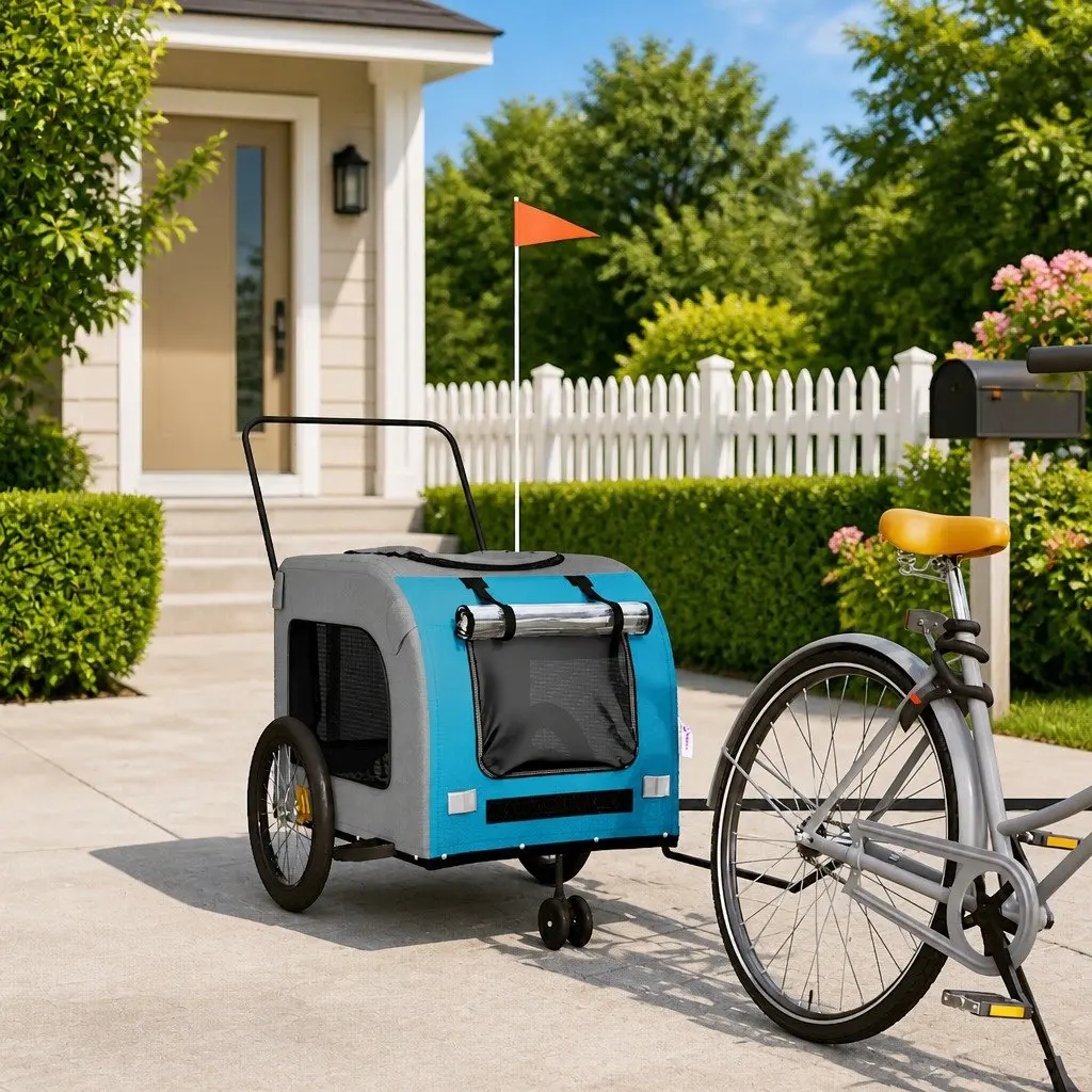 Pet Bike Trailer Oxford Fabric Iron Frame Blue Grey for Small Dogs
