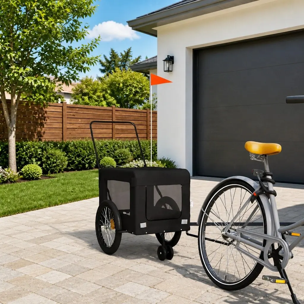 Pet Bike Trailer Black Oxford Fabric Iron Frame Zippered Doors Mesh Windows