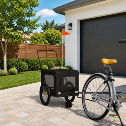 Pet Bike Trailer Black Oxford Fabric Iron Frame Wheels Zippered Doors Mesh