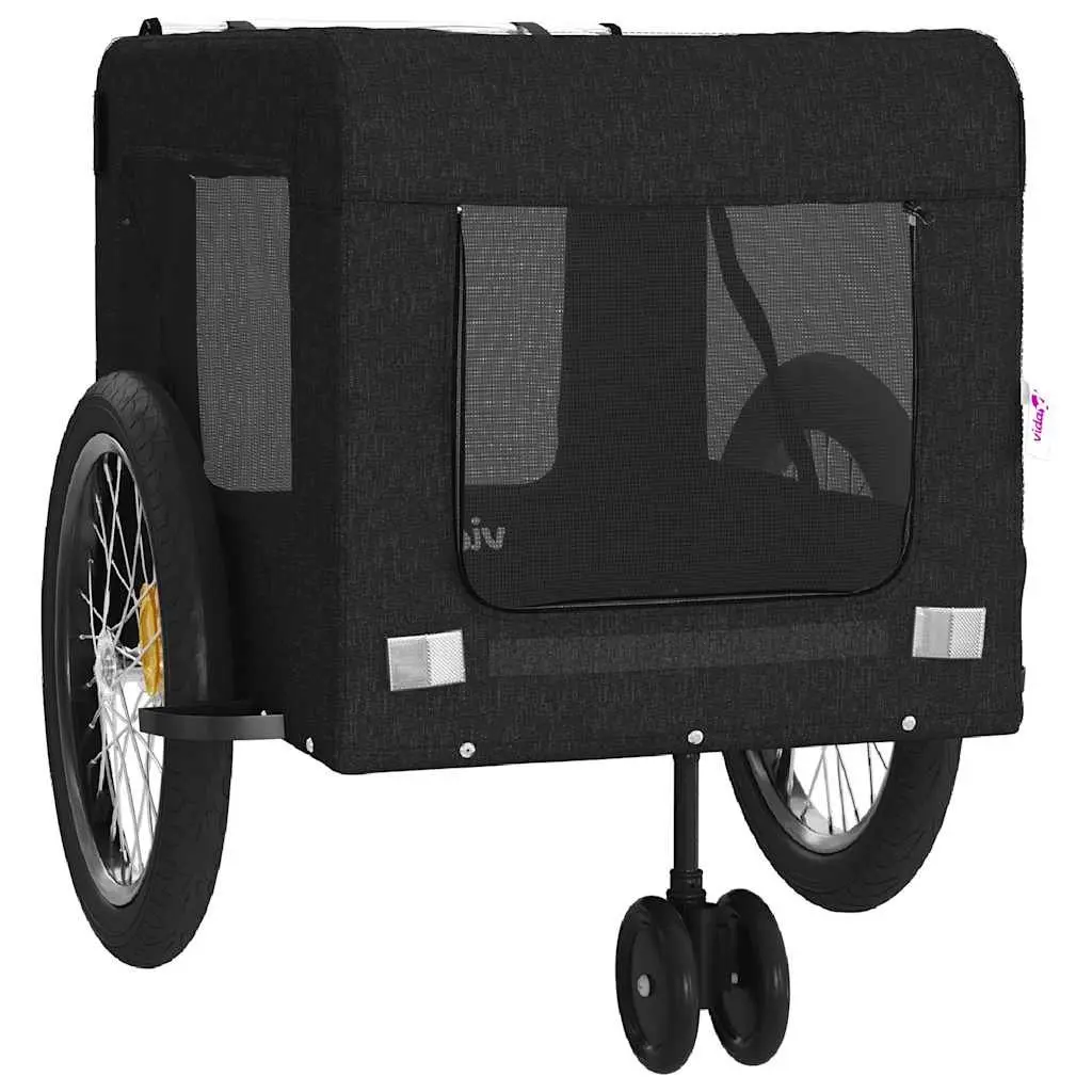 Pet Bike Trailer Black Oxford Fabric Iron Frame Zippered Doors Mesh Windows